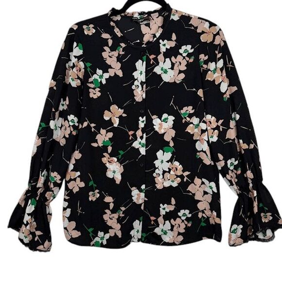 Karl Lagerfeld Paris Black Floral Button-Up Blouse Trumpet Sleeve Size Small - Picture 2 of 11